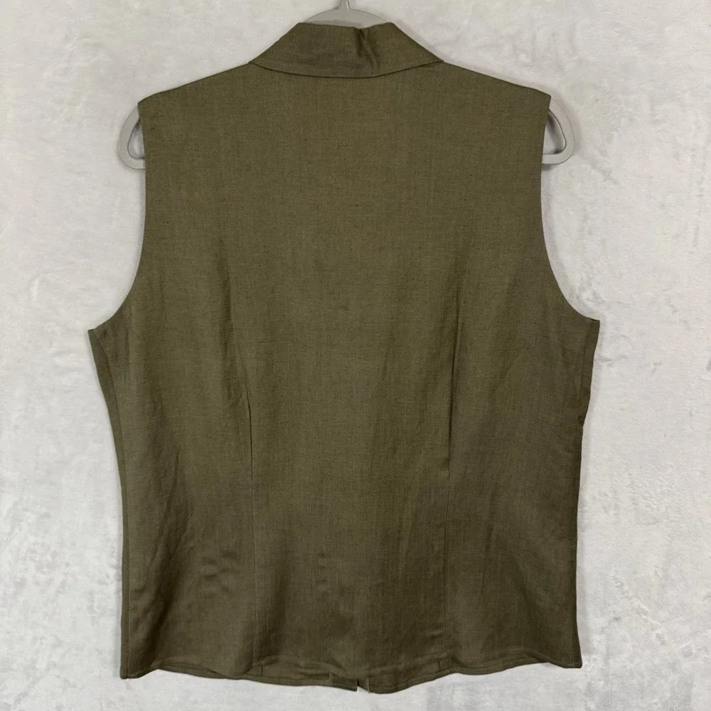 Linen Blend Button Down Sleeveless Olive Shirt - Picture 9 of 10